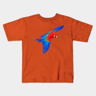 Blue and Red Macaw in flight Kids T-Shirt